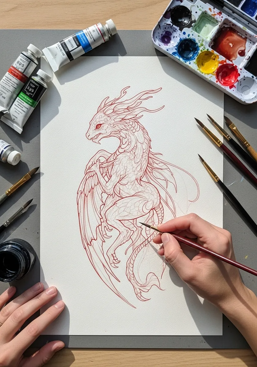 Artist drawing an intricate dragon entirely in fine red line