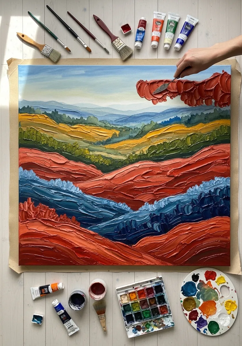 Artist painting textured rolling hills in thick red and blue paint