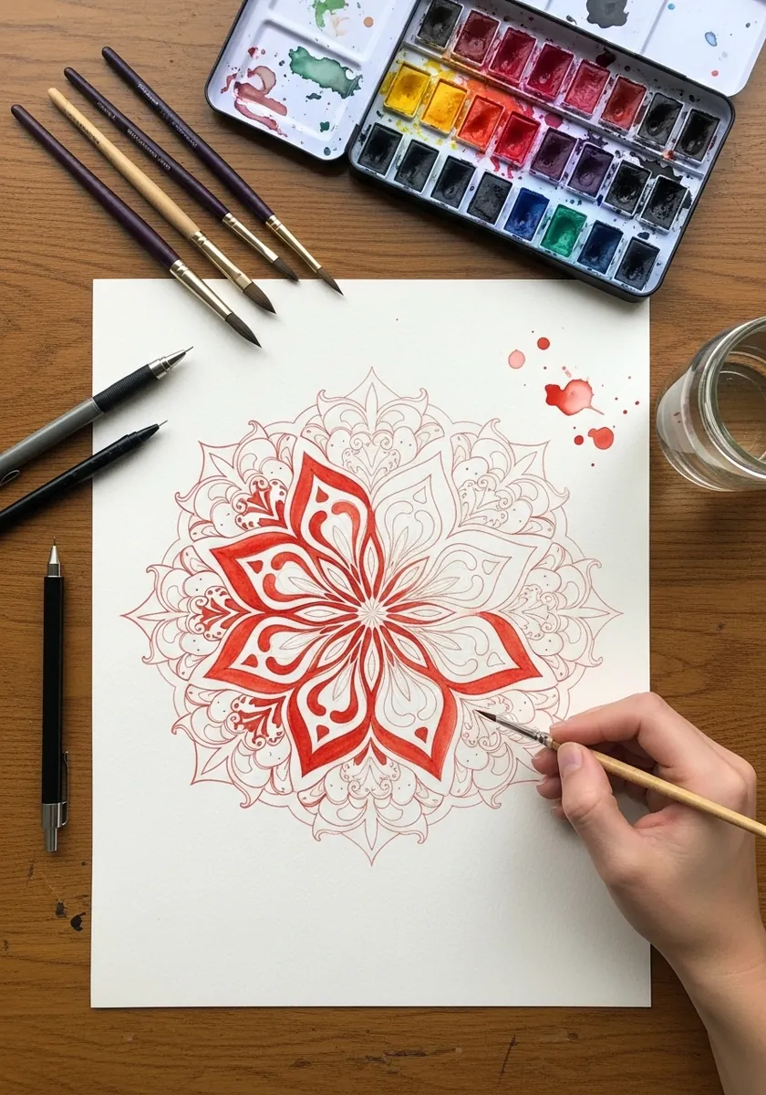 Artist painting a symmetrical red mandala in fine line on white paper