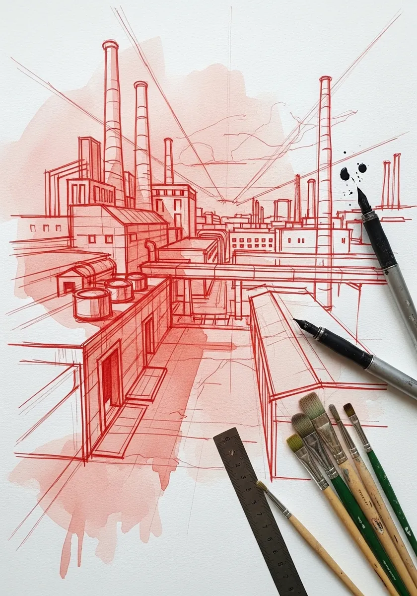 Artist drawing a factory skyline in red perspective line with a ruler