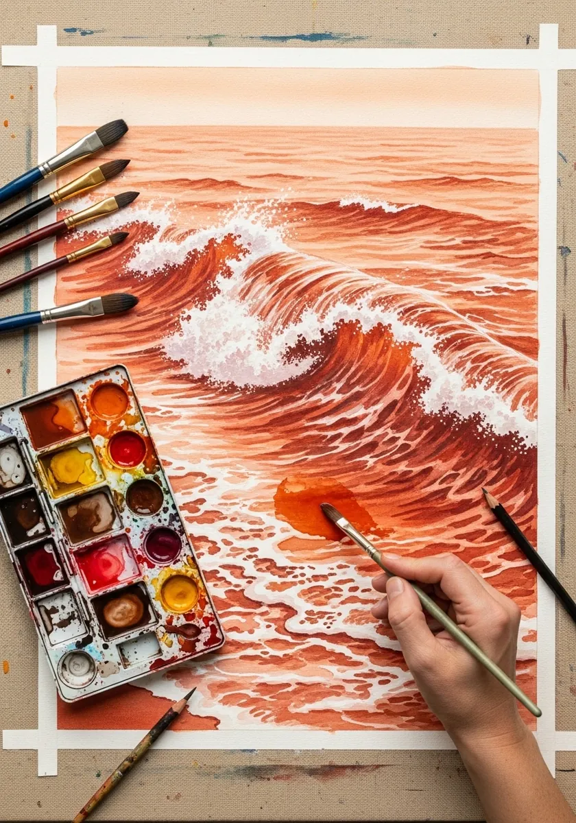 Artist painting a breaking wave over a red sea at sunset