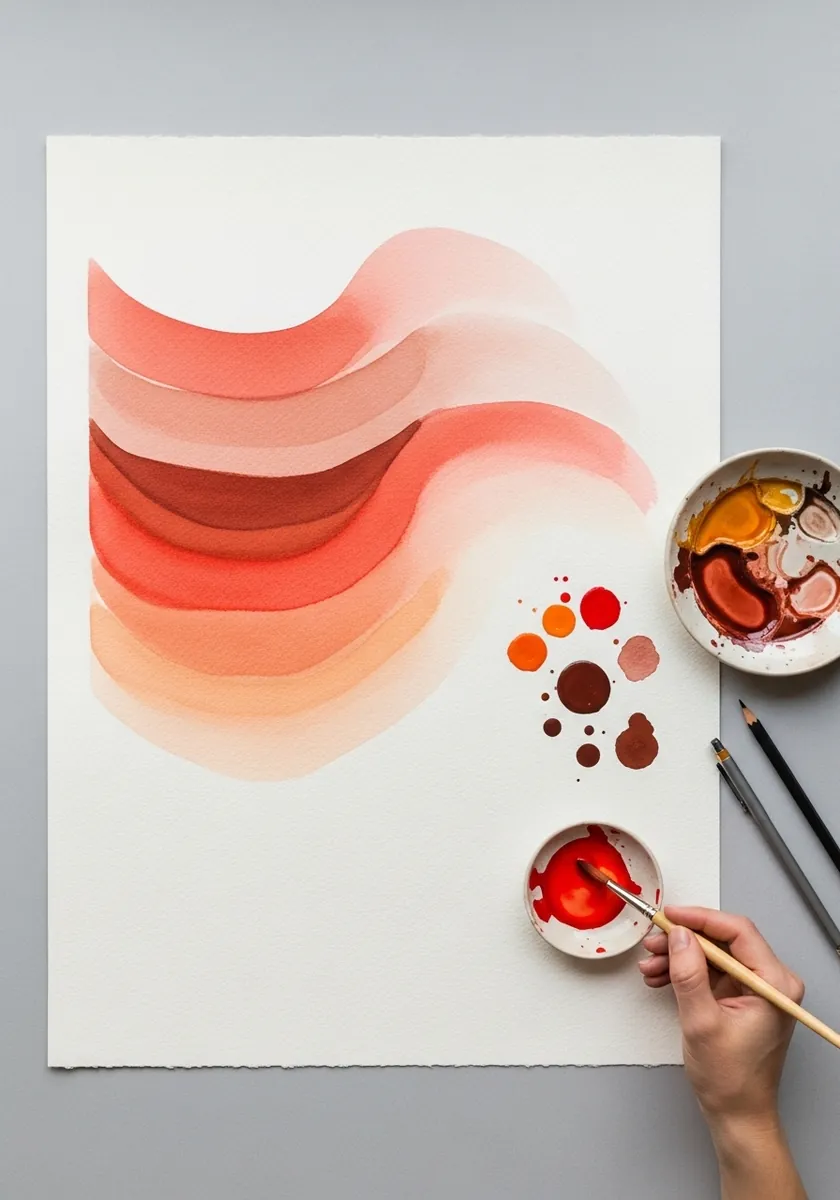 Artist painting curved ribbons of graded red on white paper