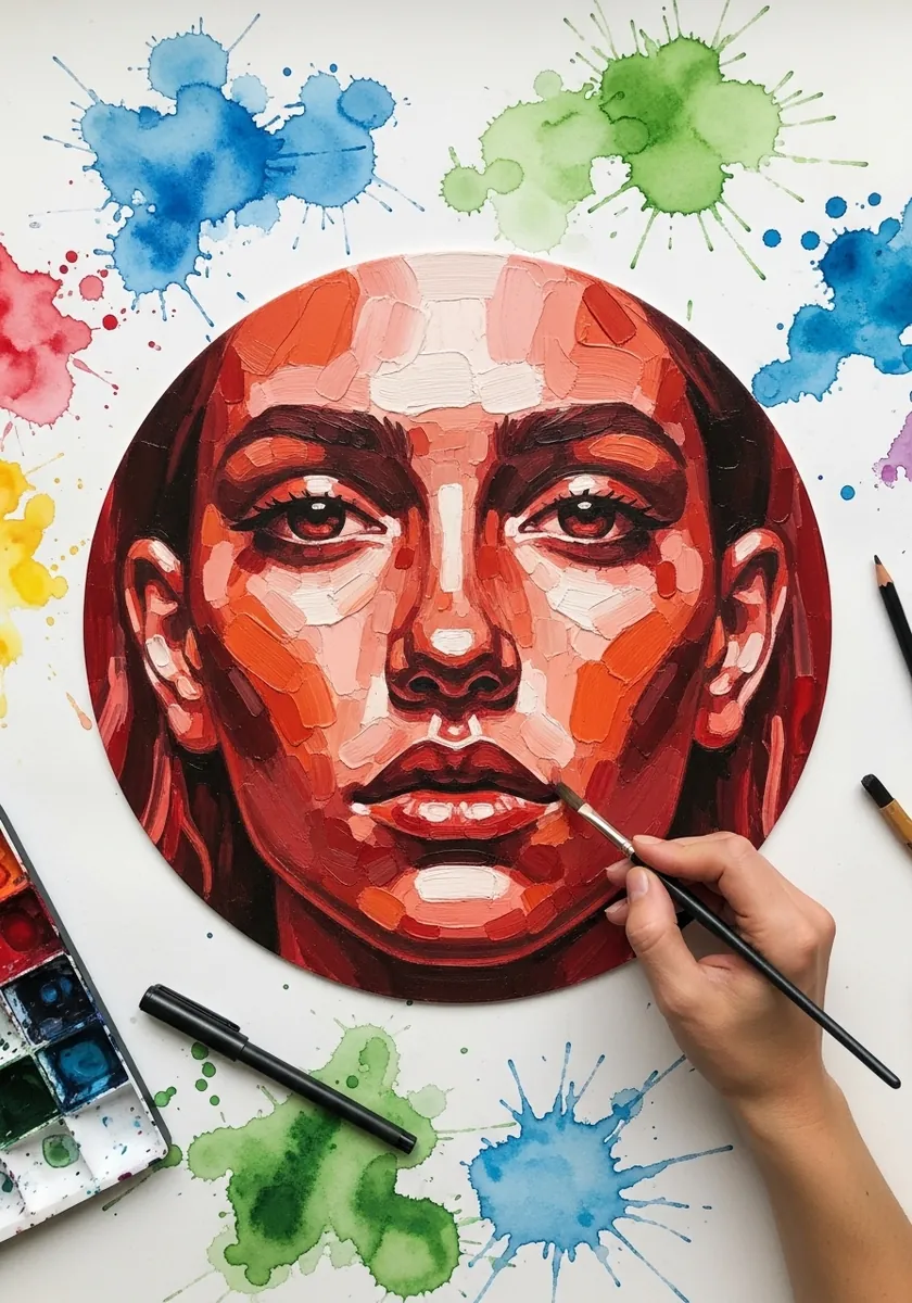 Artist painting a circular red portrait surrounded by colorful splashes