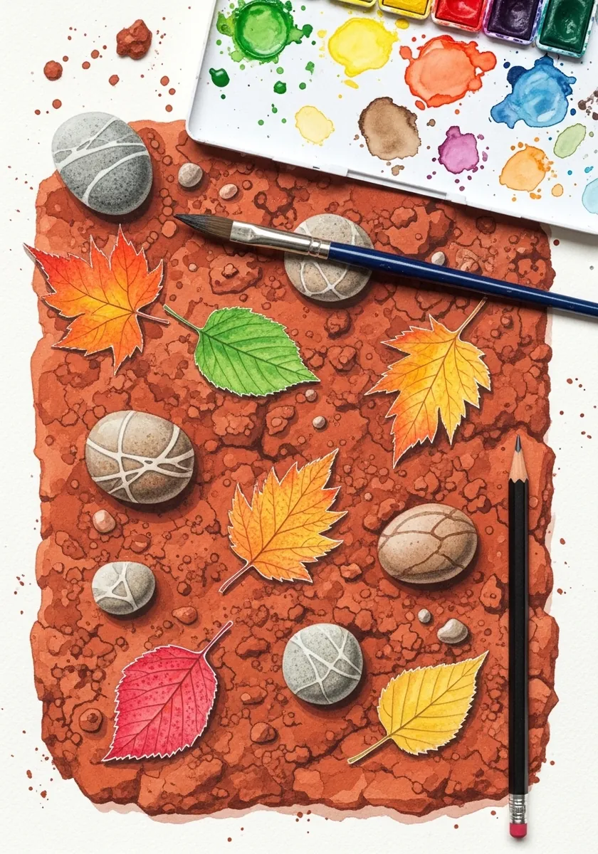 Artist painting autumn leaves and pebbles on textured red clay ground