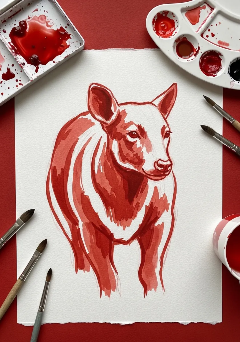 Artist painting a bull in bold red brush strokes on white paper