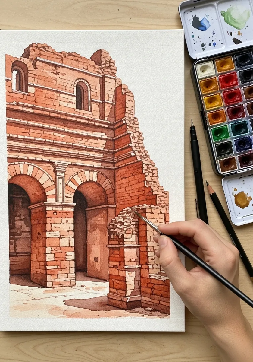 Artist painting a ruined brick archway in warm watercolor