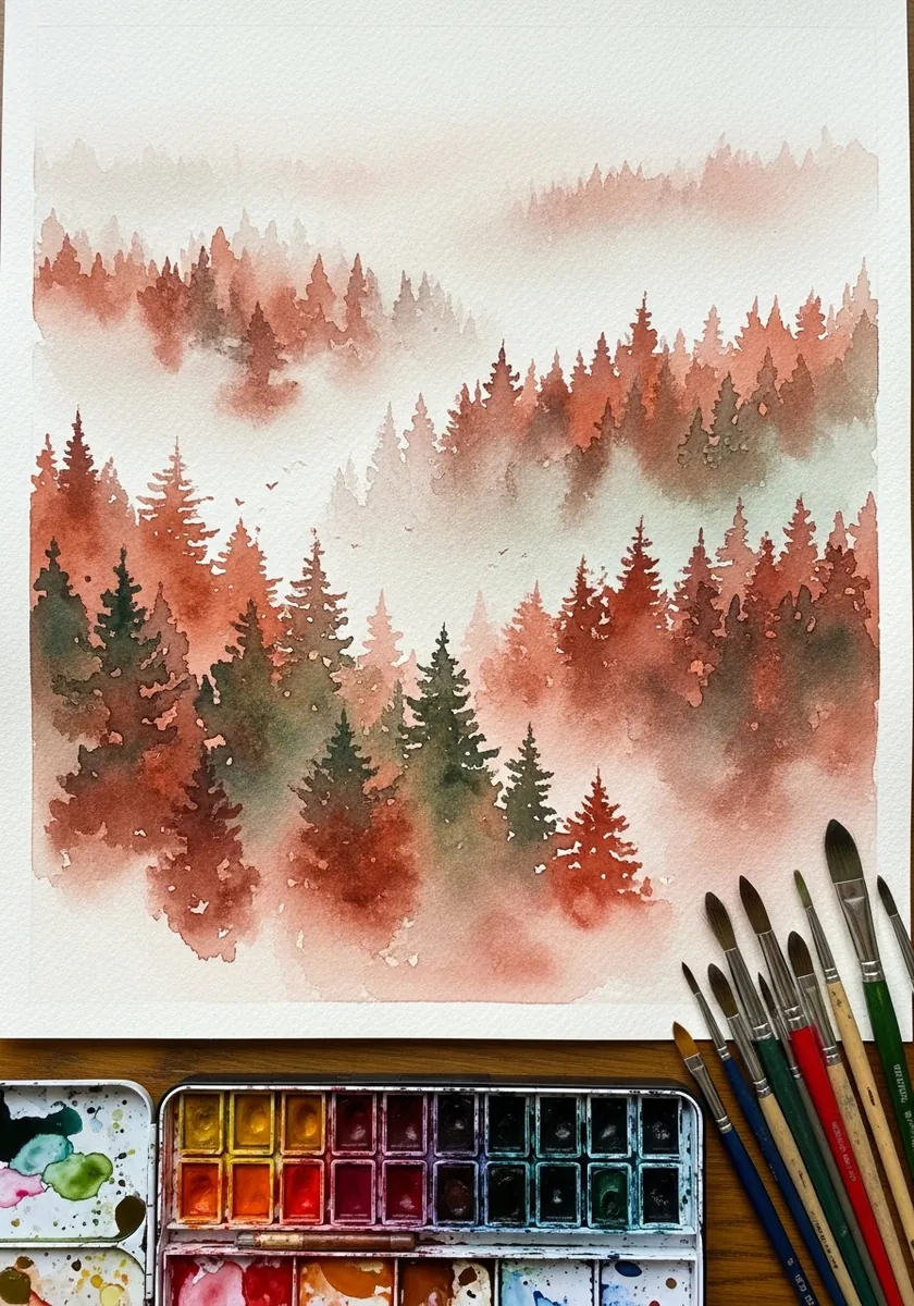 Artist painting layered misty red pine forest in soft watercolor