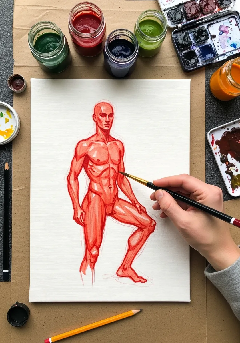 Artist painting a standing figure study entirely in red watercolor