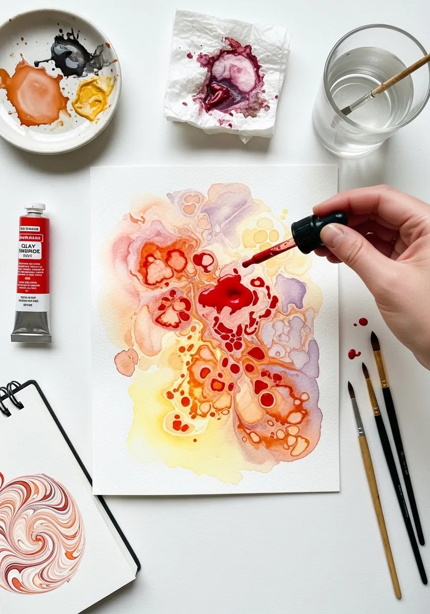Artist dropping alcohol into wet red and yellow washes to make blooms