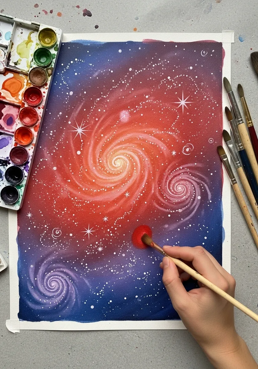 Artist painting a spiral galaxy in deep red and blue watercolor