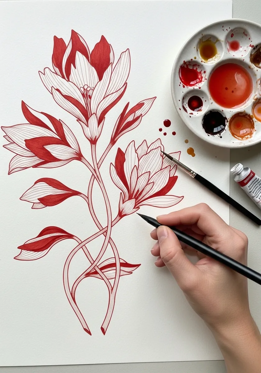 Artist drawing a stylized botanical spray in bold red line