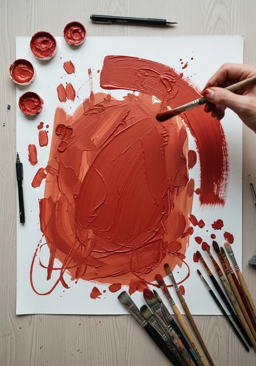 Artist painting a thick textured clay red oval with scattered marks