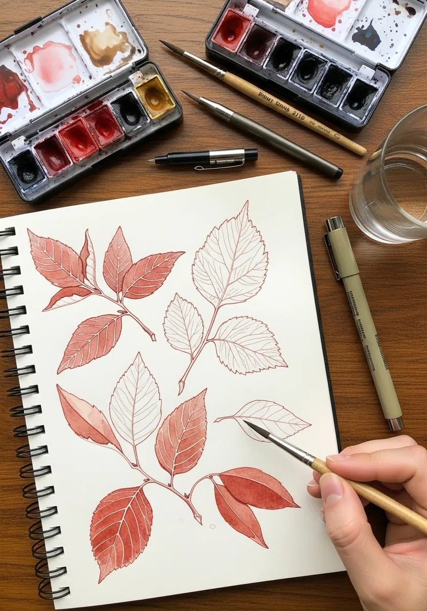 Artist painting a page of leaf studies in terracotta line in a sketchbook