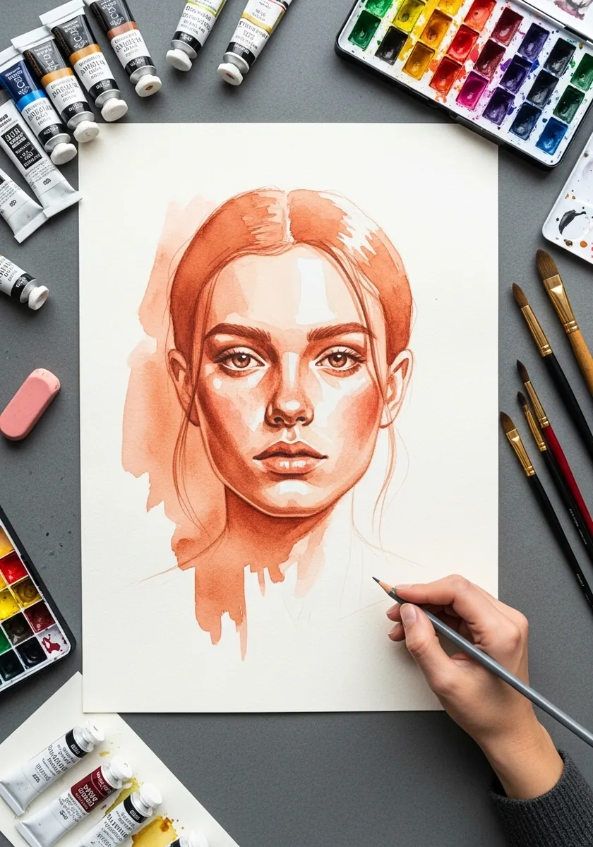 Artist painting a portrait in terracotta wash with visible drips