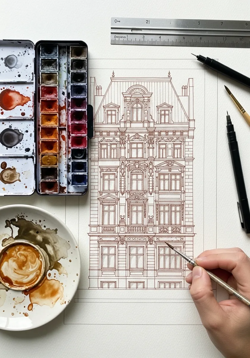 Artist drawing an ornate building facade in fine red line with a ruler