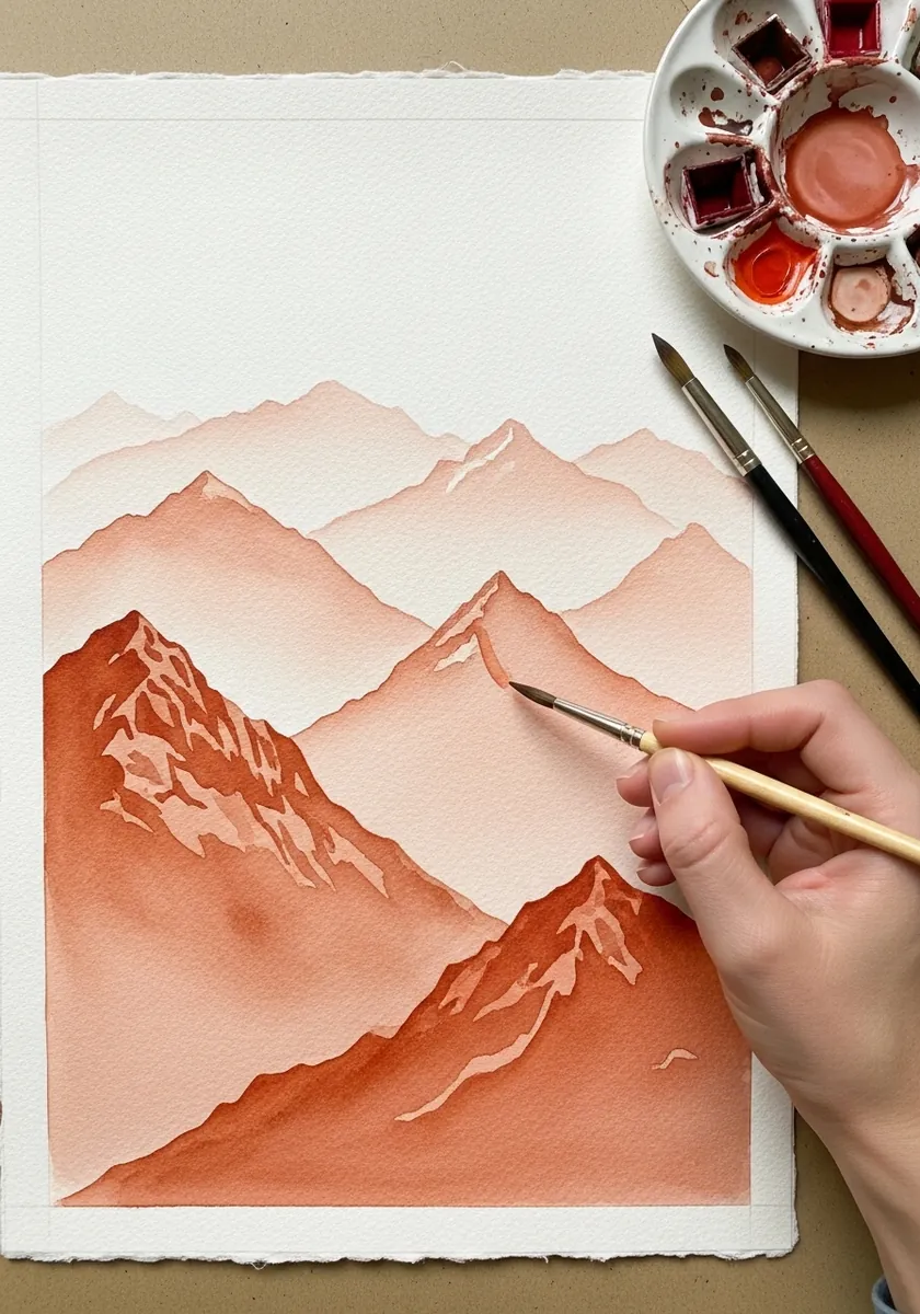 Artist painting soft layered red mountains in flat watercolor washes