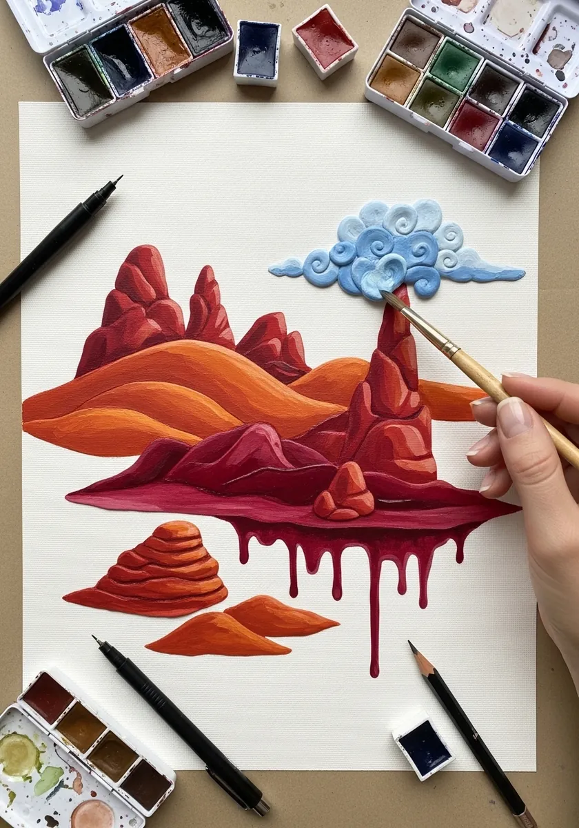 Artist painting surreal floating red landforms with paint drips beneath