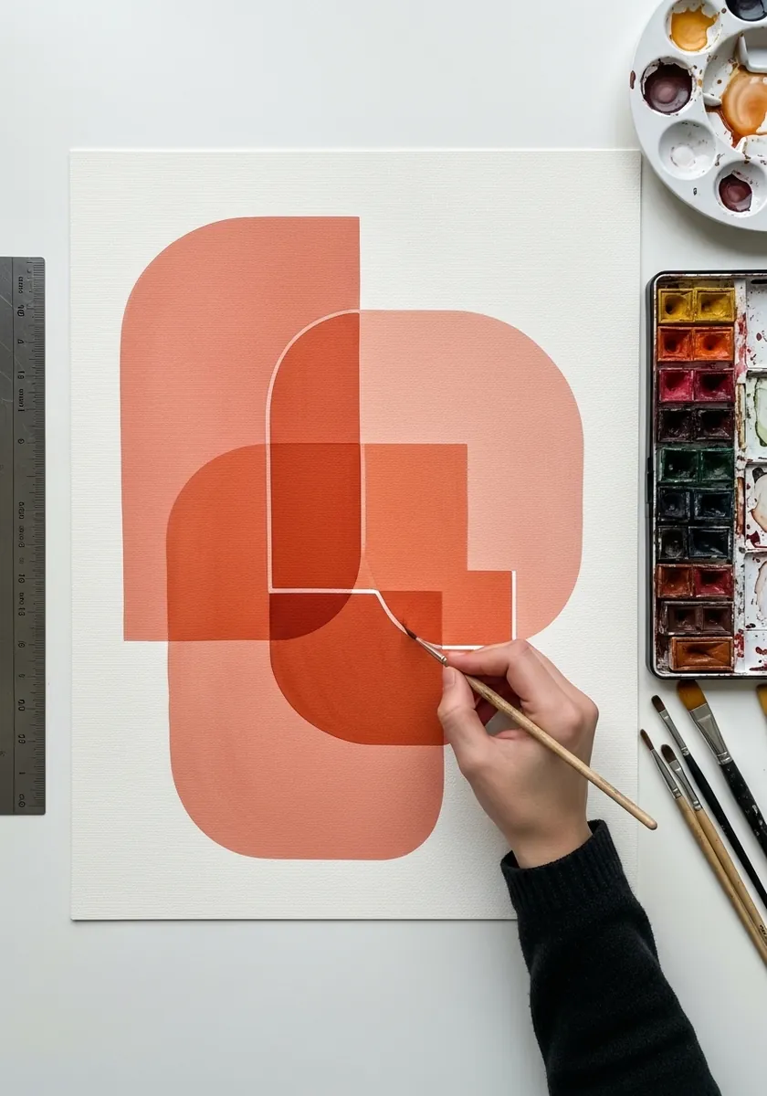 Artist painting overlapping translucent geometric shapes in coral and red