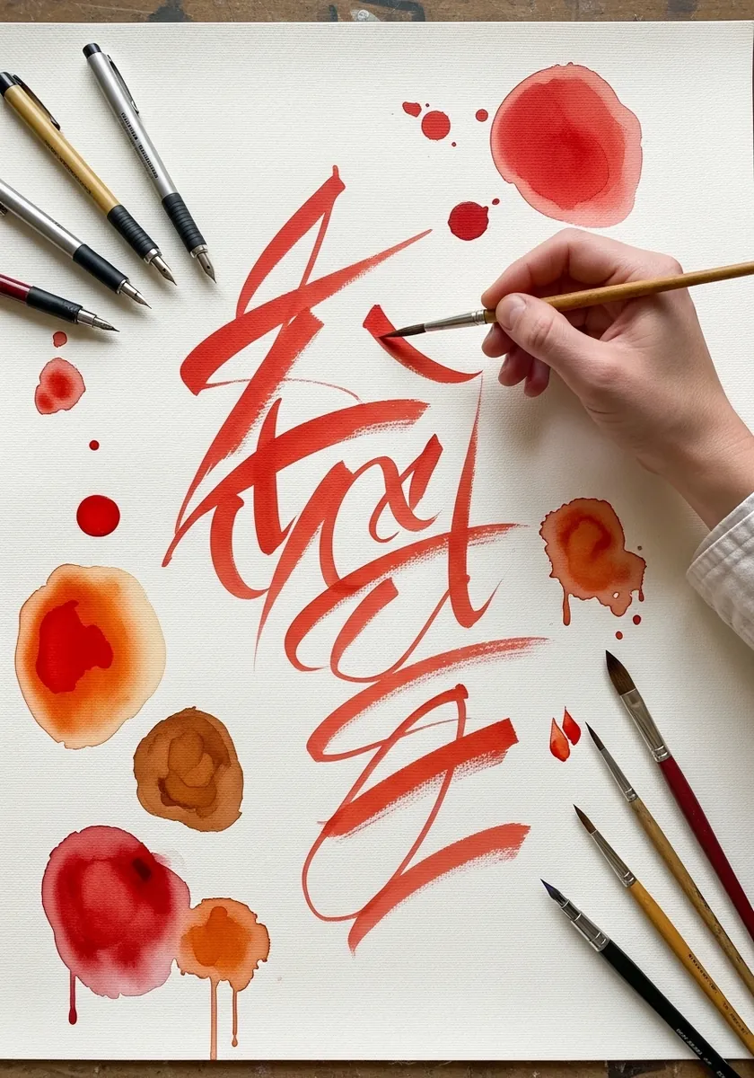 Artist painting expressive red brush calligraphy with blots and drips