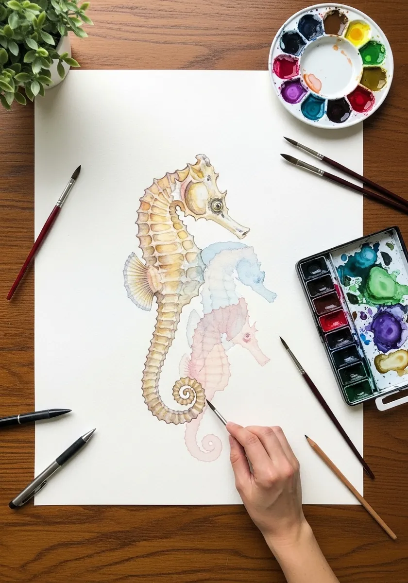 Artist painting a pair of pale peach seahorses in soft watercolor