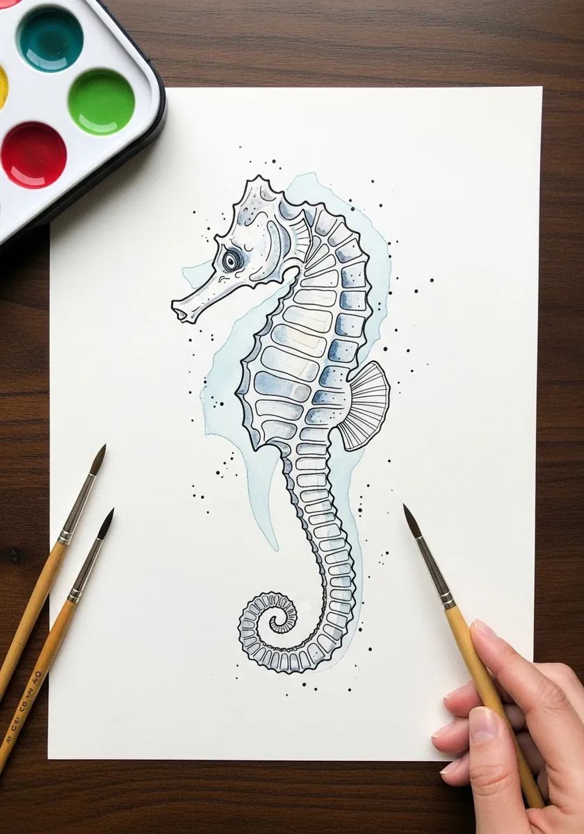 Artist painting a delicate blue-gray seahorse in pale washes