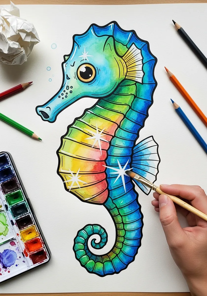 Artist painting a bold outlined cartoon seahorse in bright colors