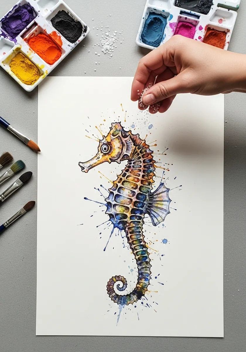 Artist painting a muted seahorse with fine spatter in watercolor