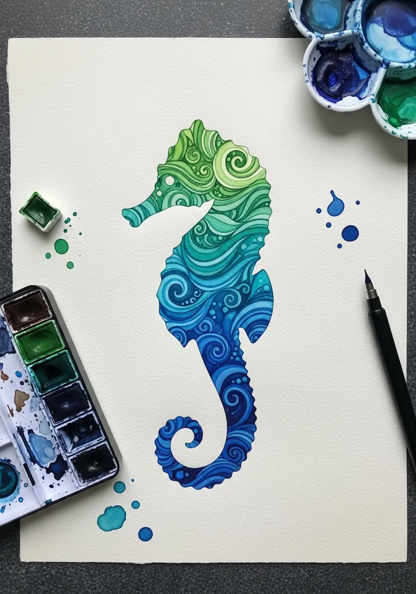 Artist painting a green and blue patterned seahorse silhouette