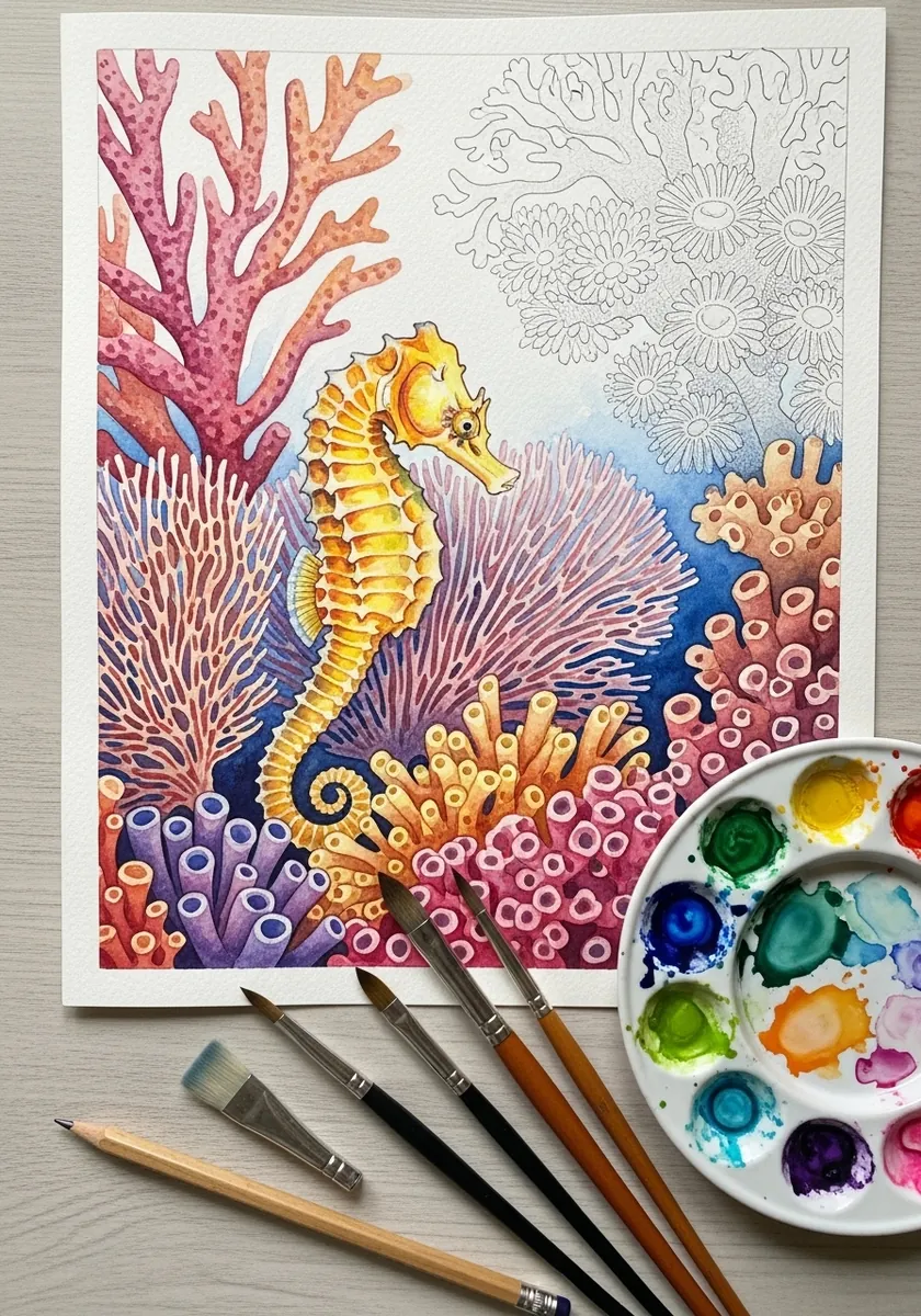 Artist painting a seahorse among colorful coral in watercolor