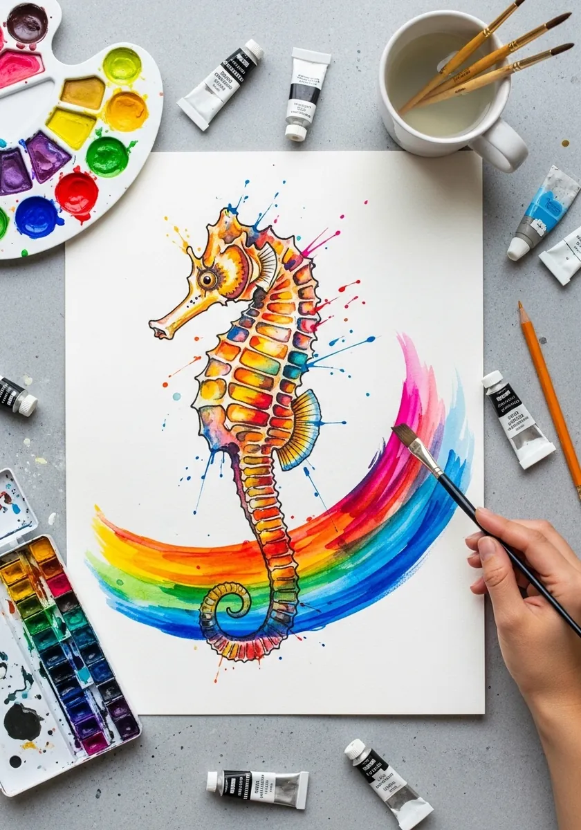 Artist painting a seahorse over a broad rainbow brush sweep