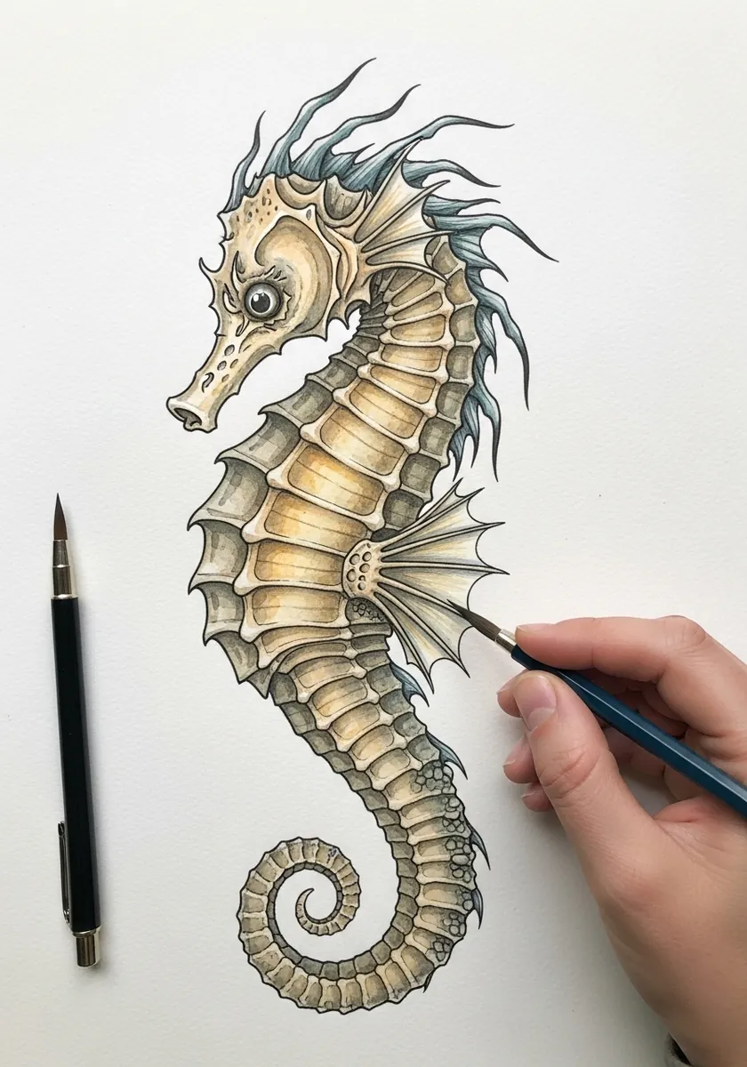 Artist painting a sepia seahorse with a long spiny mane