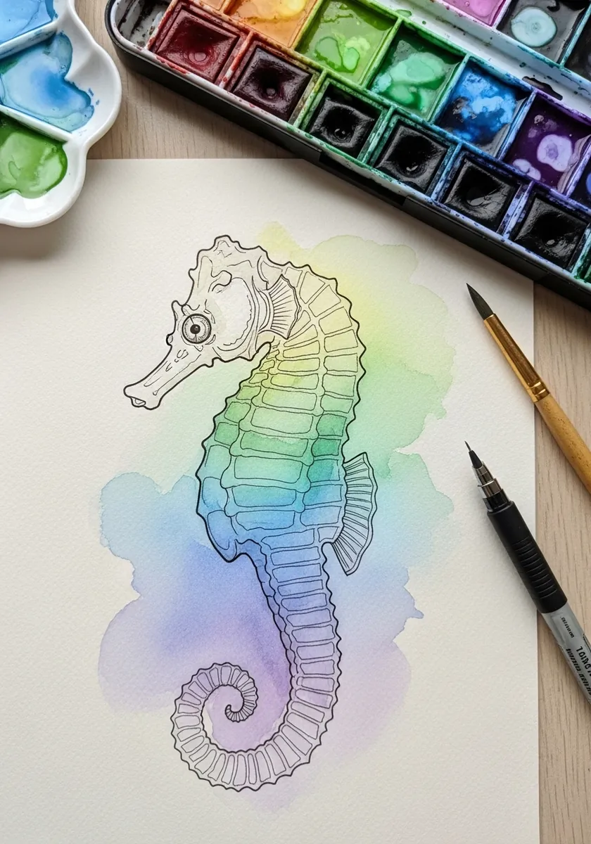 Artist painting a seahorse over a soft pastel gradient wash