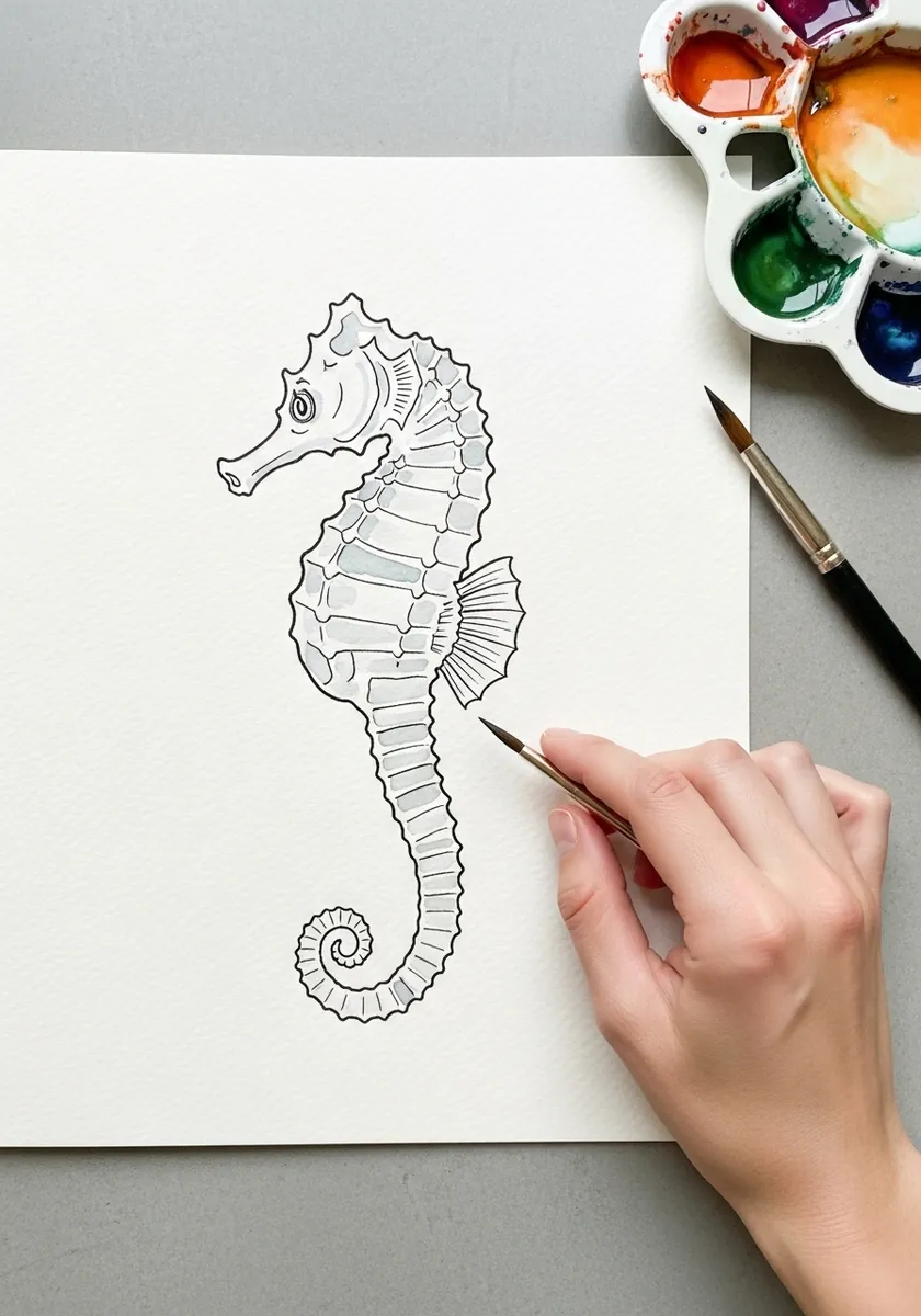 Artist drawing a clean seahorse outline in pencil before painting