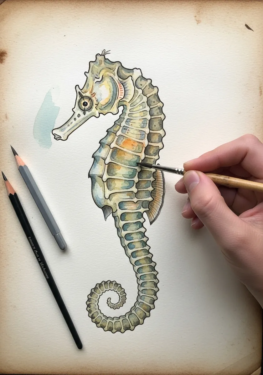 Artist painting a seahorse on warm aged paper with a small wash