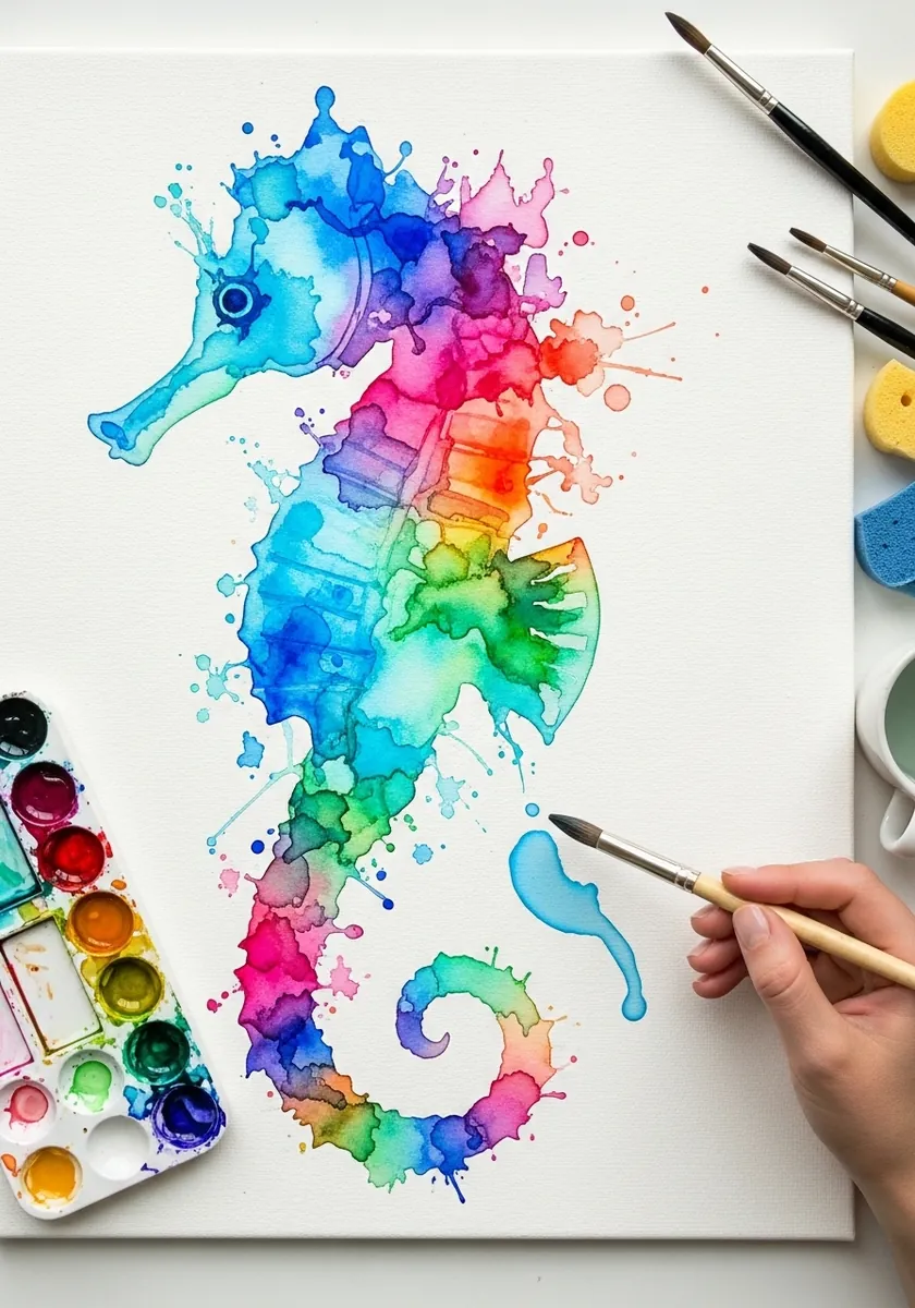 Artist painting a rainbow seahorse with wet splashes of color