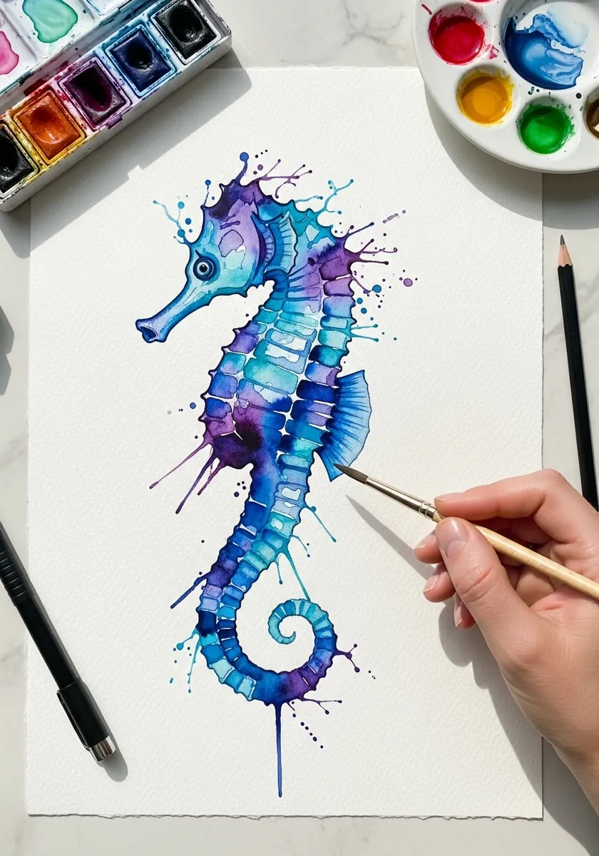 Artist painting an indigo and violet seahorse with wet splashes