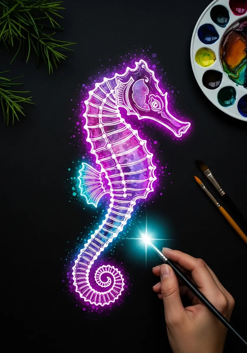 Artist painting a glowing neon seahorse on black paper