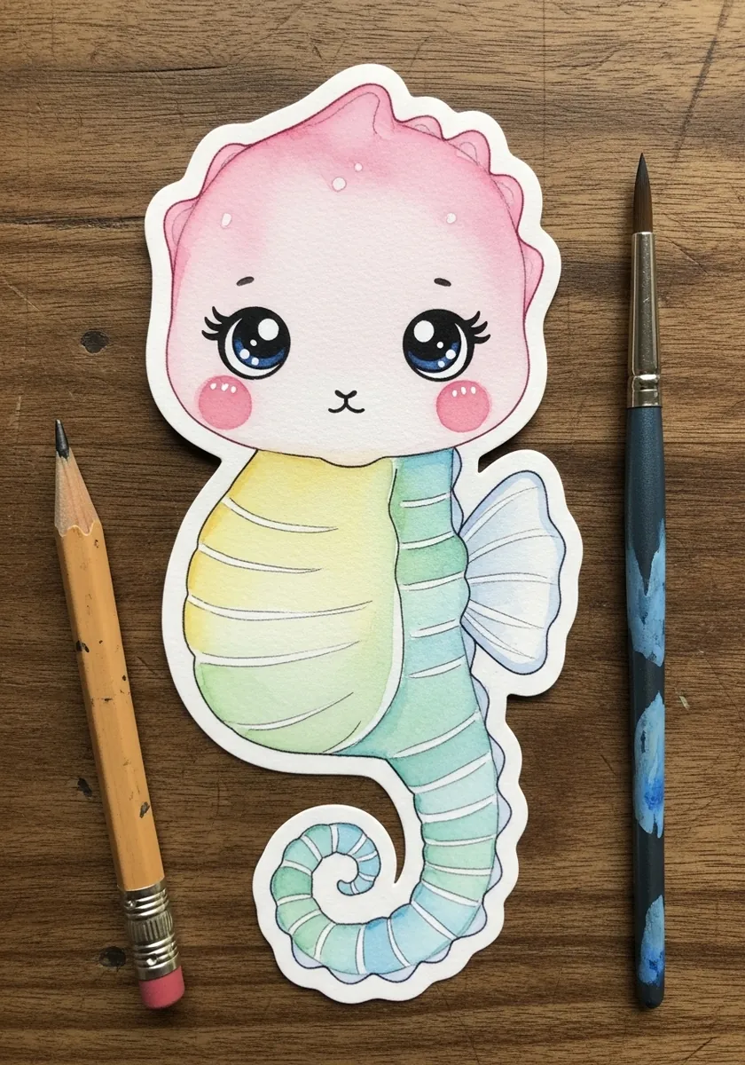 Artist painting a cute kawaii style seahorse with a white sticker border