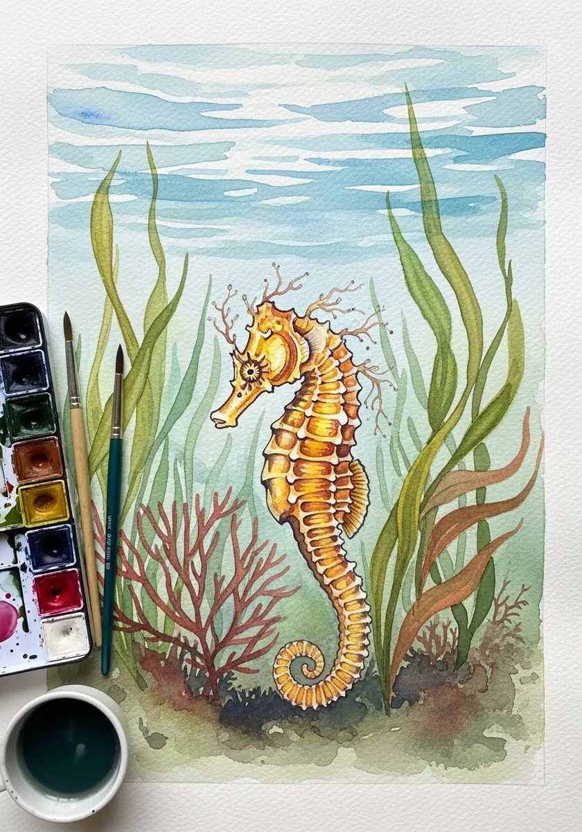 Artist painting a seahorse gripping seagrass in a watercolor scene