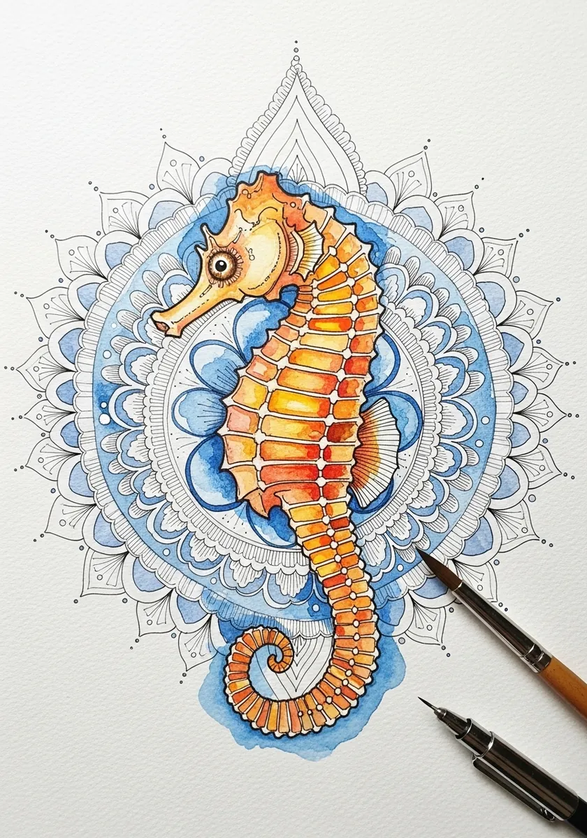 Artist painting a seahorse inside an ornate mandala frame