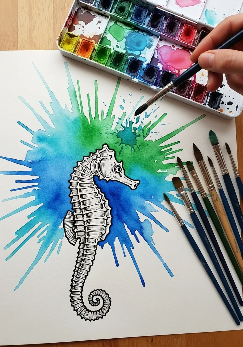 Artist painting an ink seahorse over a burst of green and blue