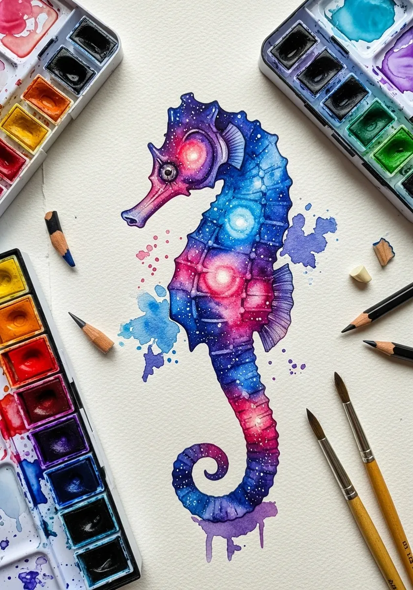 Artist painting a galaxy seahorse in deep blues and magentas