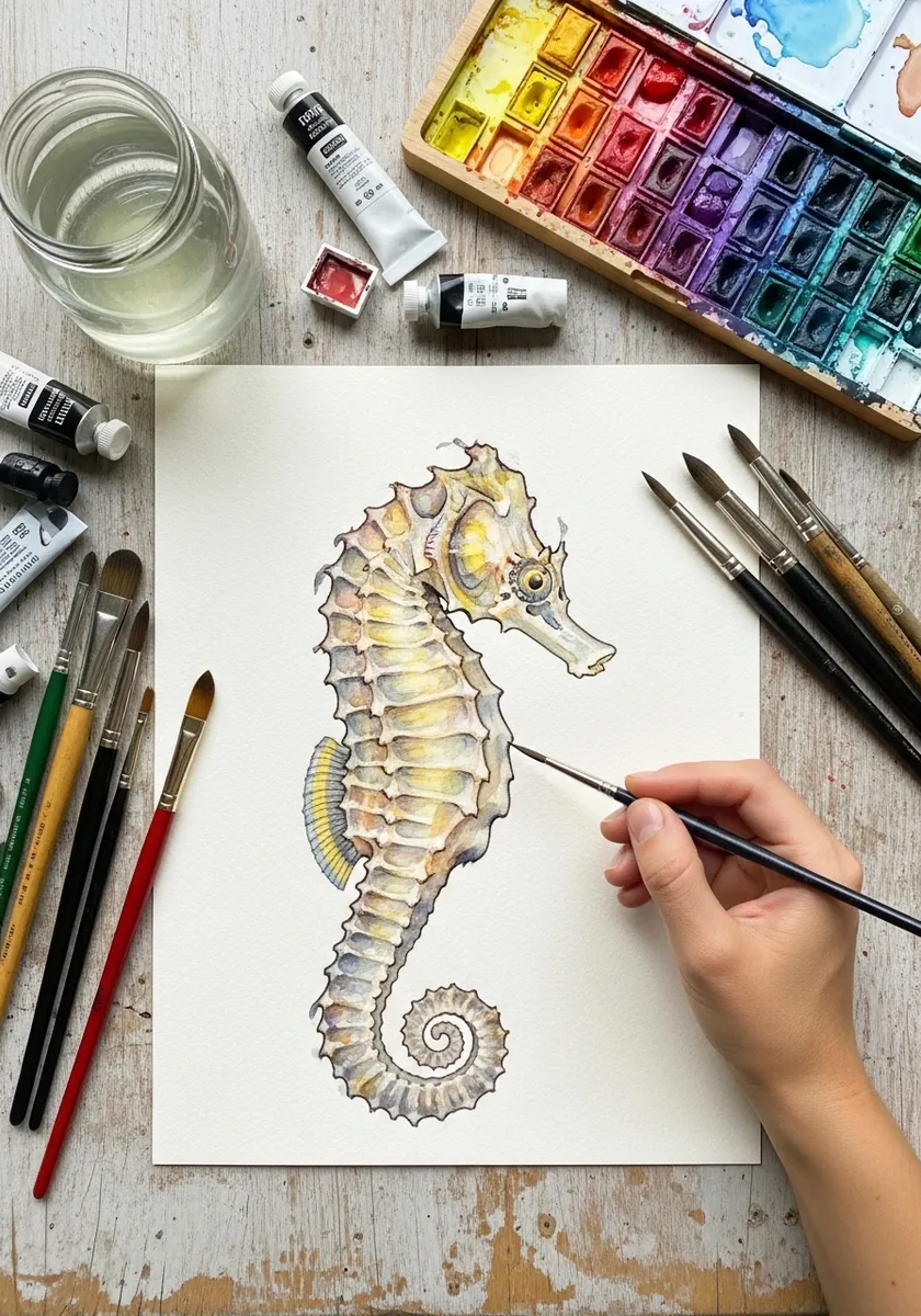 Artist painting a golden seahorse with fine pencil detail on top