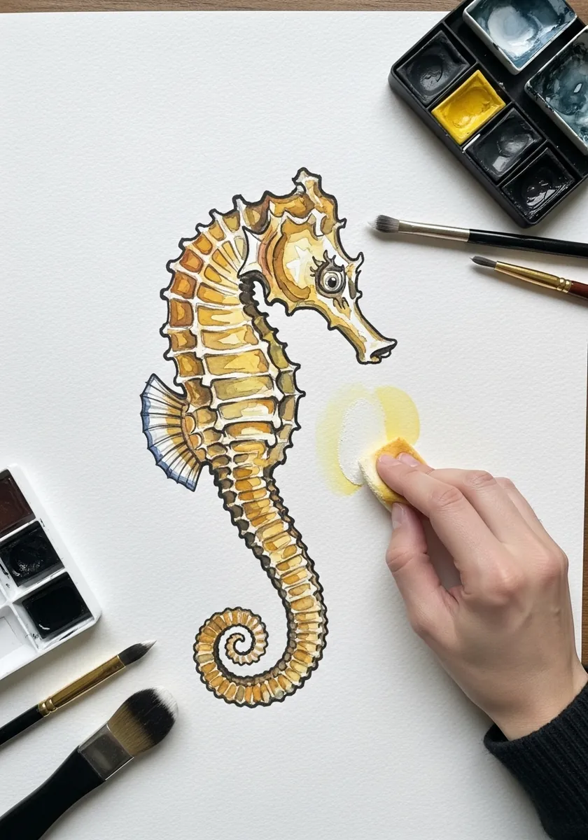 Artist lifting pale highlights from a painted seahorse with a sponge