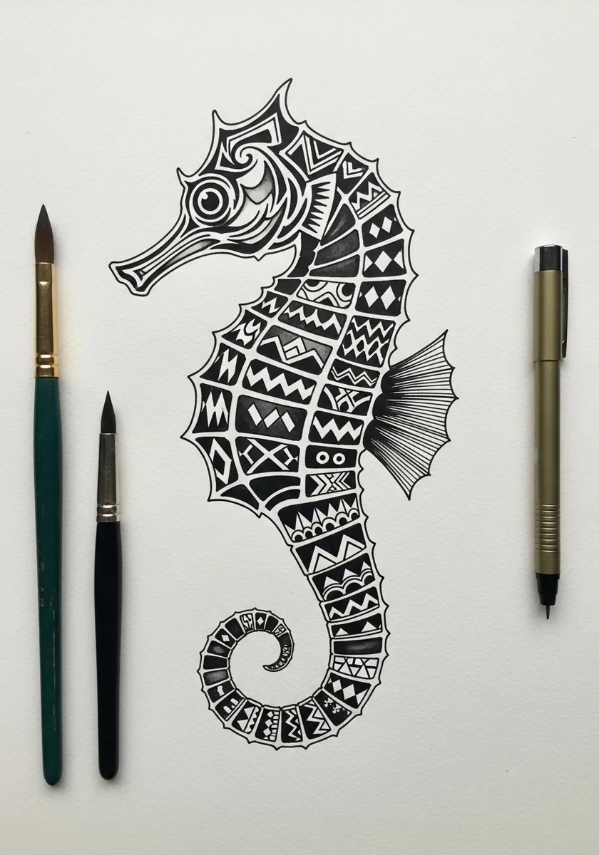 Artist drawing a black and white patterned zentangle seahorse