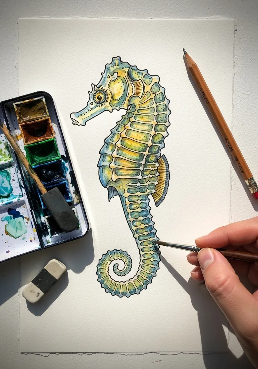 Artist painting a detailed olive and gold seahorse in watercolor