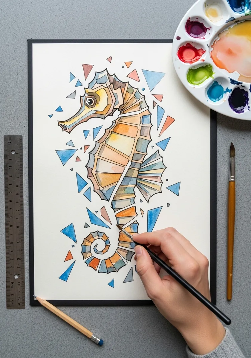 Artist painting a seahorse fragmented into geometric shards