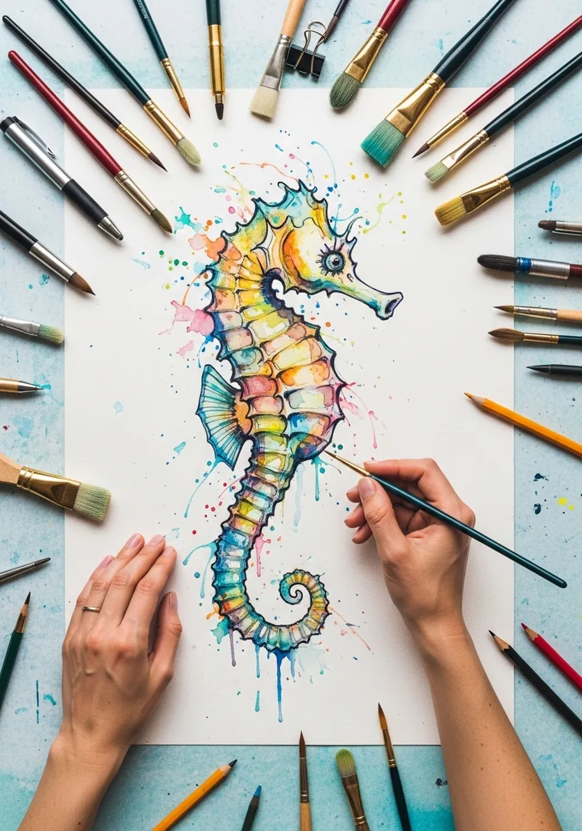 Artist painting a colorful seahorse surrounded by paint splatter