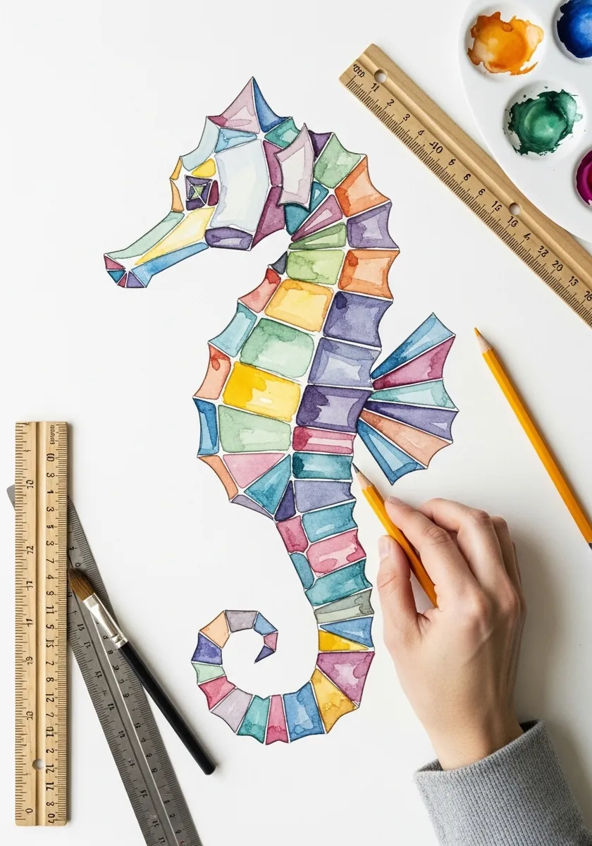 Artist painting a seahorse divided into geometric colored panels