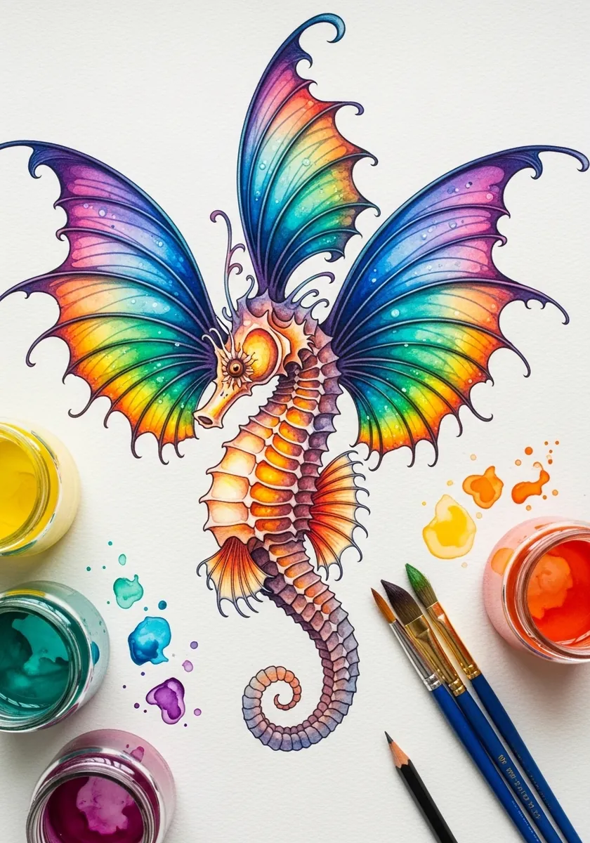 Artist painting a fantasy seahorse with large butterfly wings